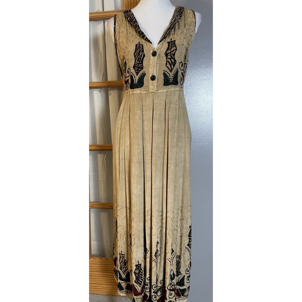 Vtg 80s Pleated Peasant Midi Dress Sz L Beige Abstract Embroidery Artsy Boho